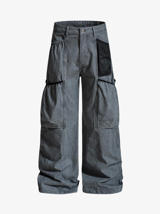 Industrielle graue Cargohose mit Mesh-Patchwork und mehreren Taschen
