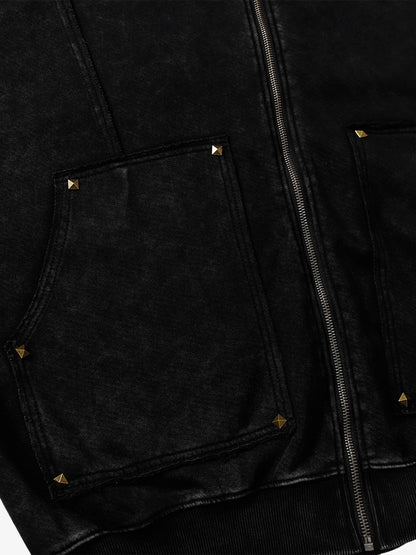 Street Washed Distressed Stitching Rivet Hooded Jacket 