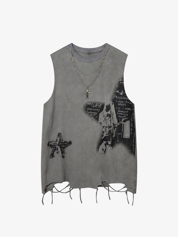 Thesupermade Vintage Necklace Star Print Hip-hop Tank Top - 2070 