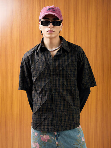 Heavy Plaid Pleated Striped Faux Two-Piece Polo Shirt 