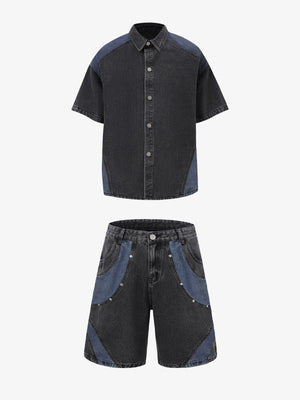 Deconstructed Patchwork Short-Sleeve Cropped Denim Set 