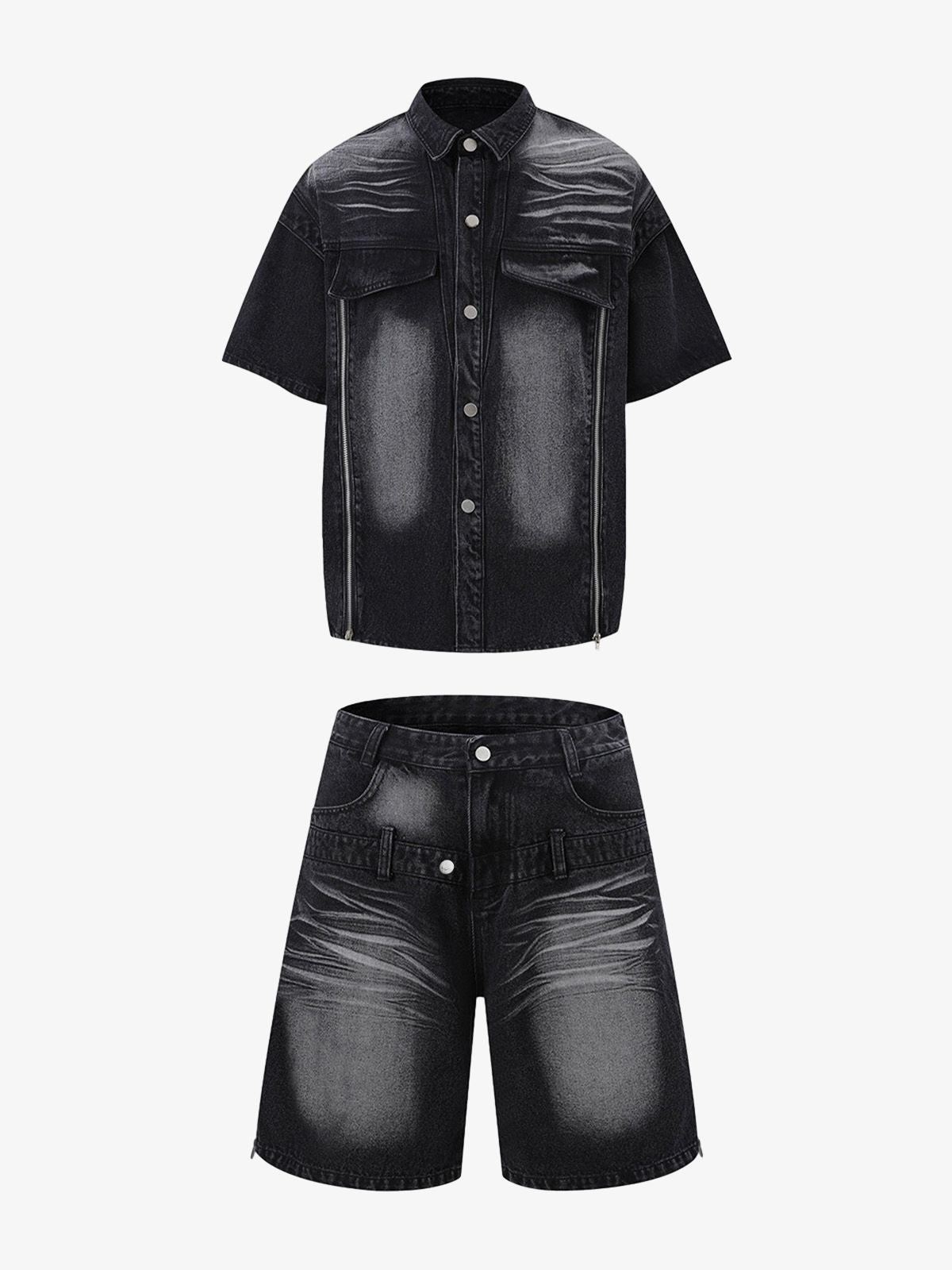 Distressed Washed Workwear Denim Shirt And Jorts Set 