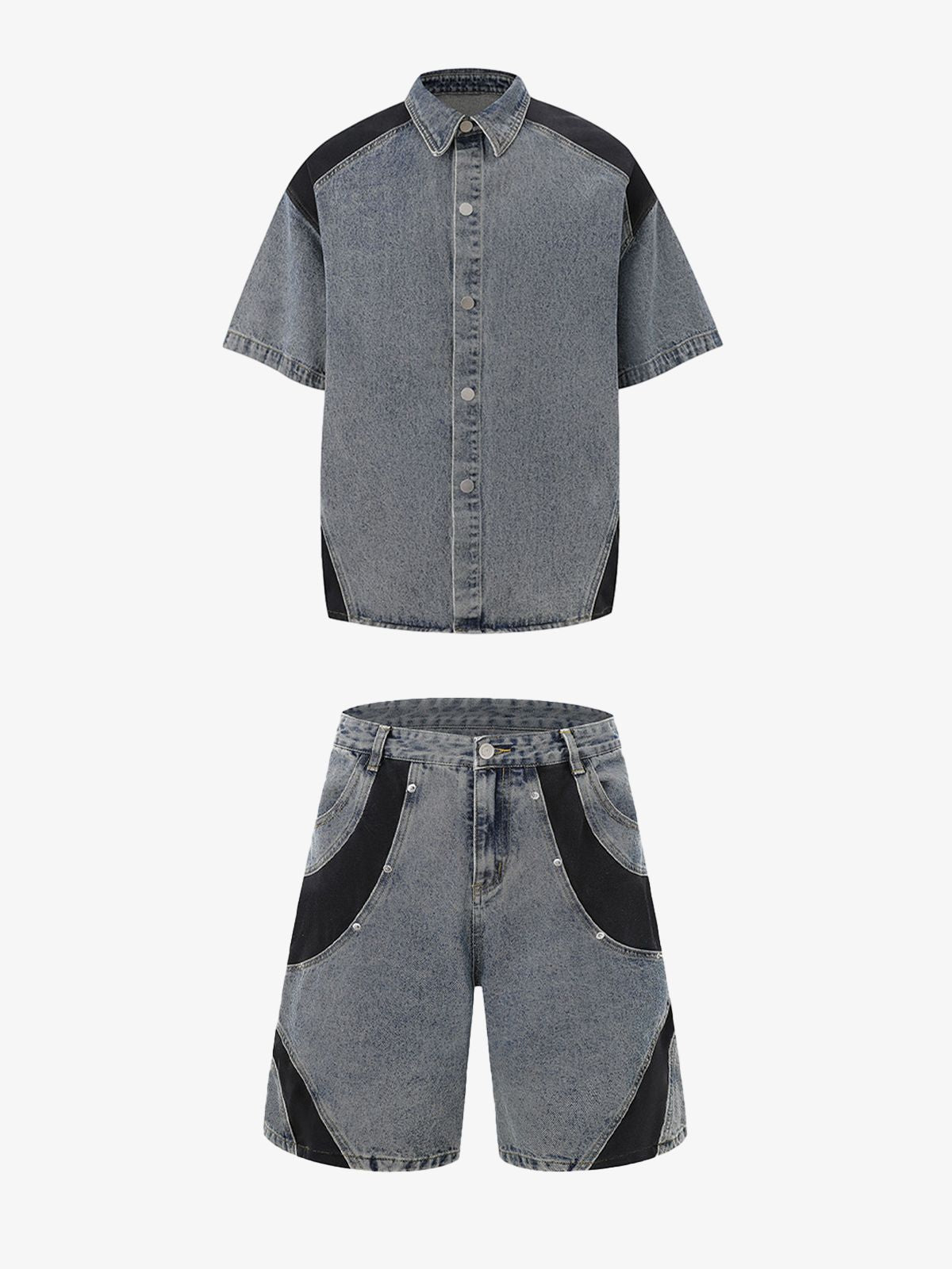 Deconstructed Patchwork Short-Sleeve Cropped Denim Set 