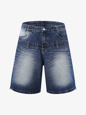 Thesupermade Old Washed Double Waistband Design Denim Jorts 