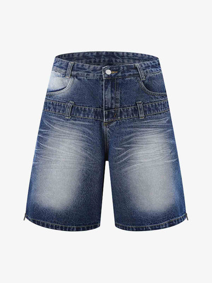 Thesupermade Old Washed Double Waistband Design Denim Jorts 