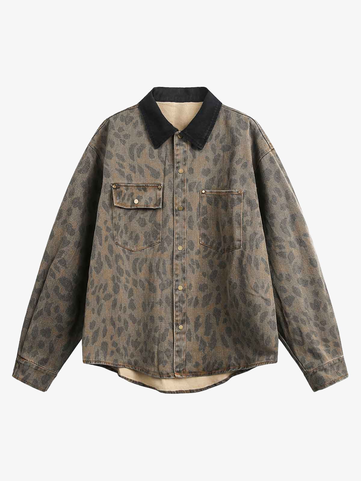 Vintage Distressed Cheetah Print Denim Shirt 