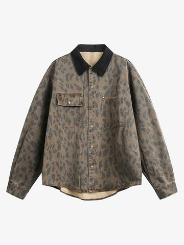 Vintage Distressed Cheetah Print Denim Shirt 