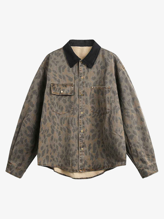 Vintage Distressed Cheetah Print Denim Shirt 