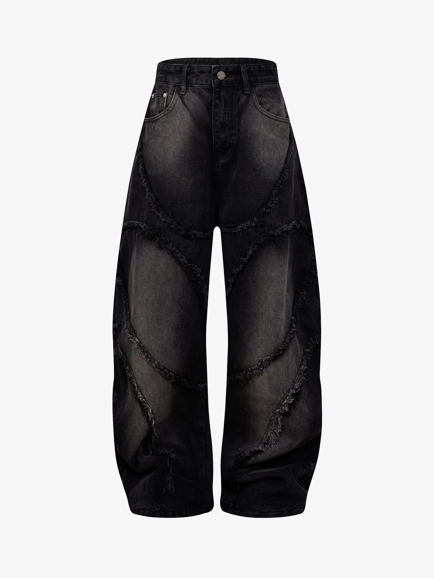 Washed Distressed Raw Edge Barrel Jeans - 2402 