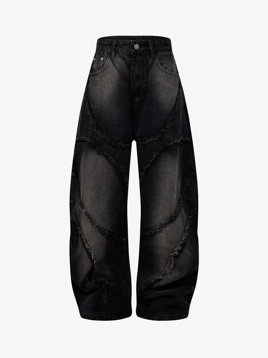 Washed Distressed Raw Edge Barrel Jeans - 2402 