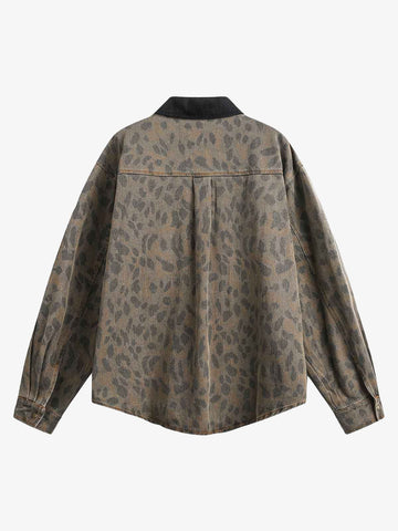 Vintage Distressed Cheetah Print Denim Shirt 