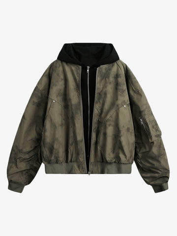 Patchwork Faux Two-Piece Gradient Hooded Bomber Jacket 