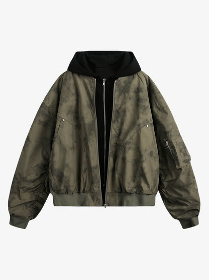 Patchwork Faux Two-Piece Gradient Hooded Bomber Jacket 