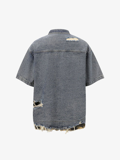 Distressed Denim Ripped Short-Sleeve Shirt 