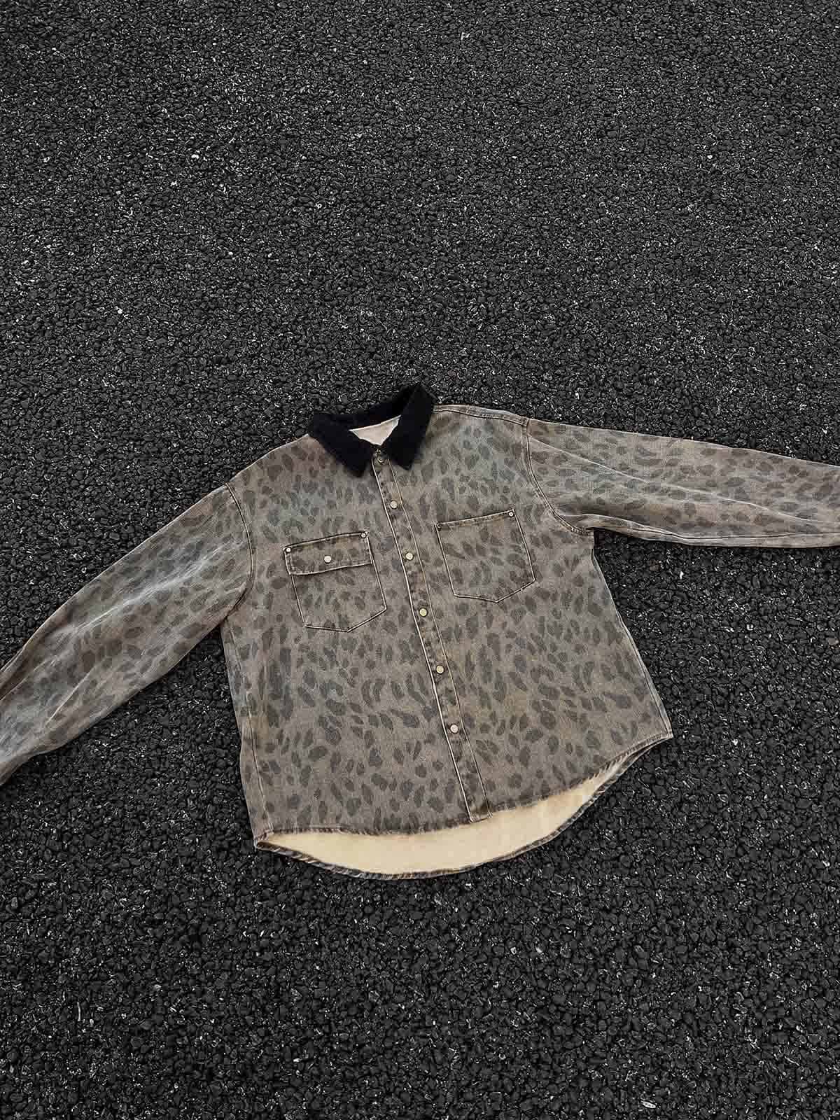 Vintage Distressed Cheetah Print Denim Shirt 