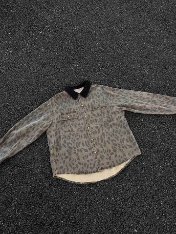 Vintage Distressed Cheetah Print Denim Shirt 