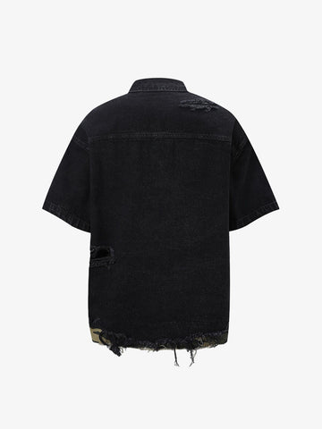 Distressed Denim Ripped Short-Sleeve Shirt 