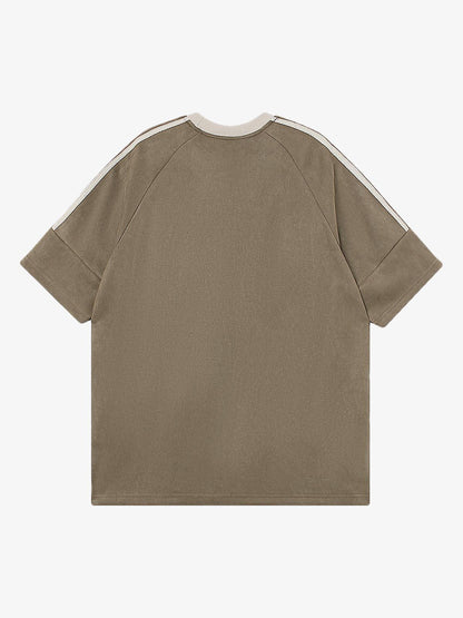 Suede Contrast Color Spliced Letter Embroidery Oversize T-shirt - 2462 