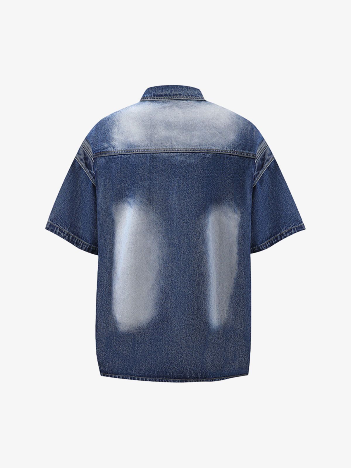 Distressed Washed Workwear Denim Shirt And Jorts Set 