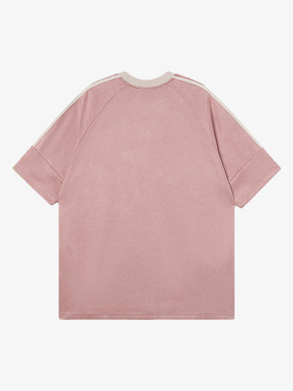 Suede Contrast Color Spliced Letter Embroidery Oversize T-shirt - 2462 