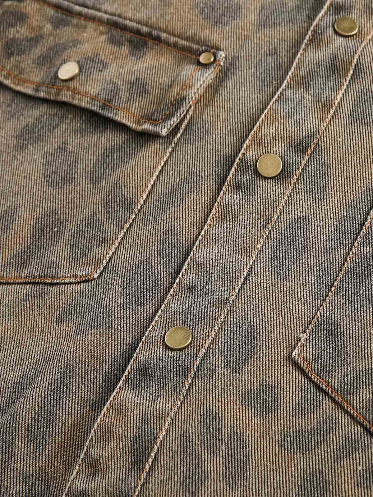 Vintage Distressed Cheetah Print Denim Shirt 
