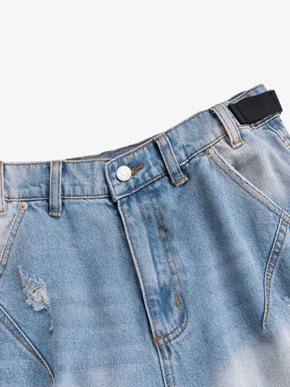 Ripped Washed Tassel Cargo Denim Shorts 