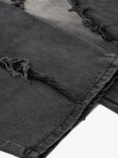 Washed Distressed Raw Edge Barrel Jeans - 2402 