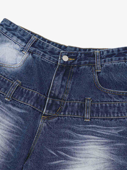 Thesupermade Old Washed Double Waistband Design Denim Jorts 