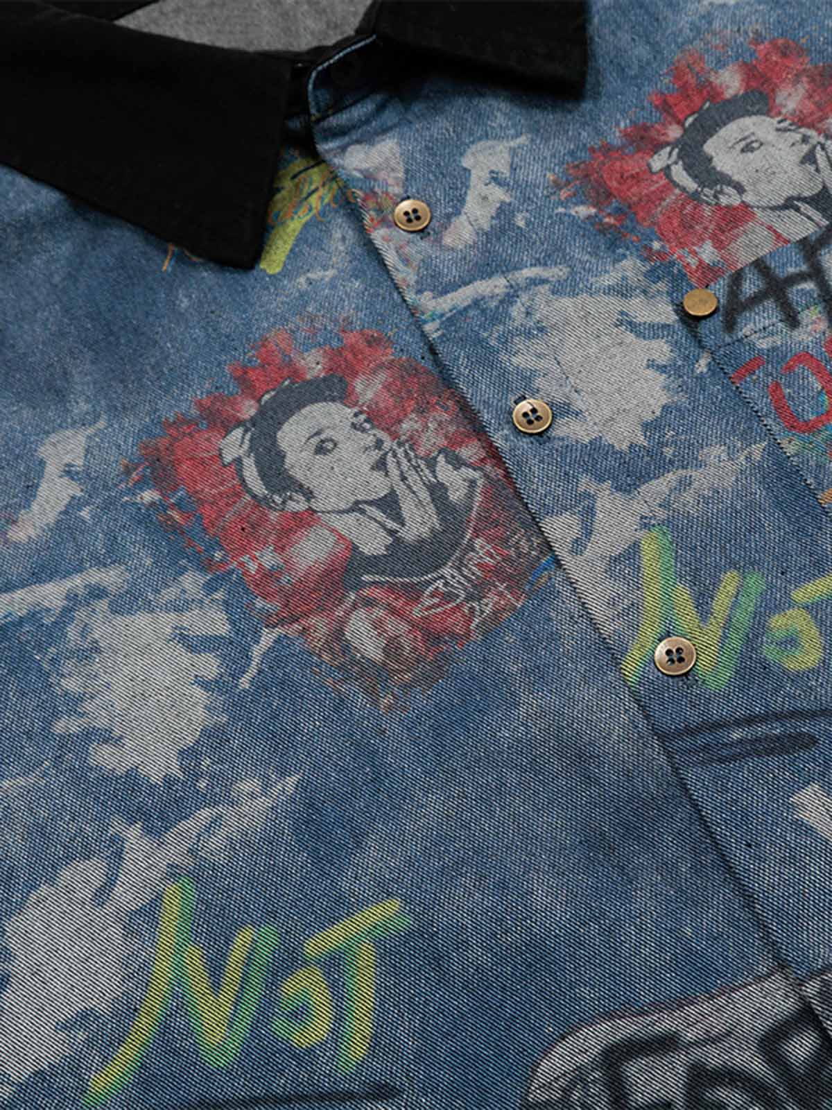 Tie-Dye Denim Graffiti Polo T-Shirt 
