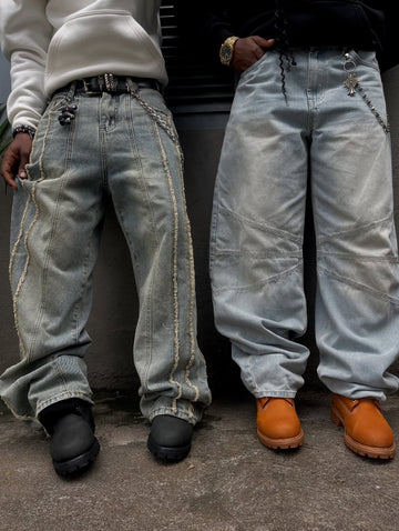 Thesupermade Washed Distressed Raw Edge Baggy Jeans - 2271 