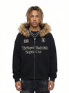 Letter Medal Embroidered Cardigan Fur Collar Zip Up Hoodie- 2502 