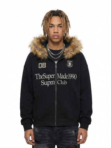 Letter Medal Embroidered Cardigan Fur Collar Zip Up Hoodie- 2502 