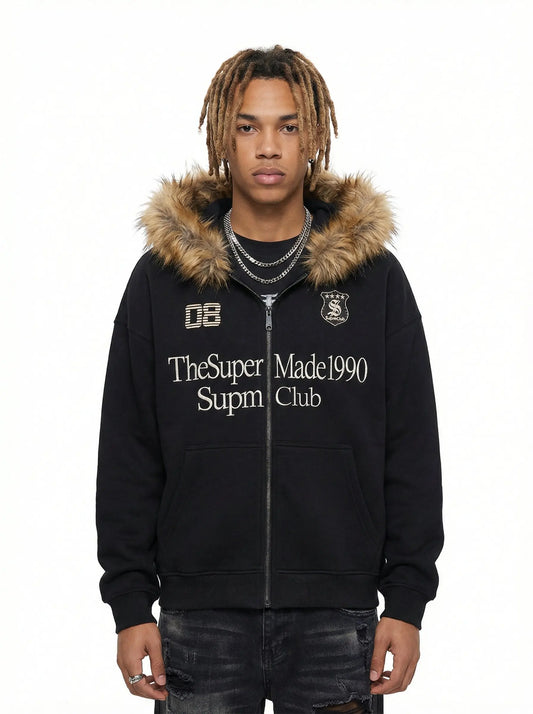Letter Medal Embroidered Cardigan Fur Collar Zip Up Hoodie- 2502 