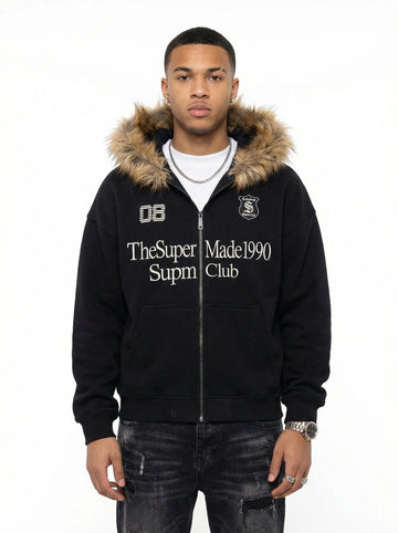 Letter Medal Embroidered Cardigan Fur Collar Zip Up Hoodie- 2502 